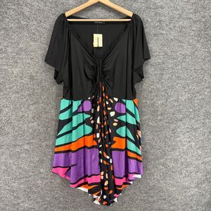 New Fancyqube Mini Dress Women 4X Plus Black Geometric Short V-Neck Cotton